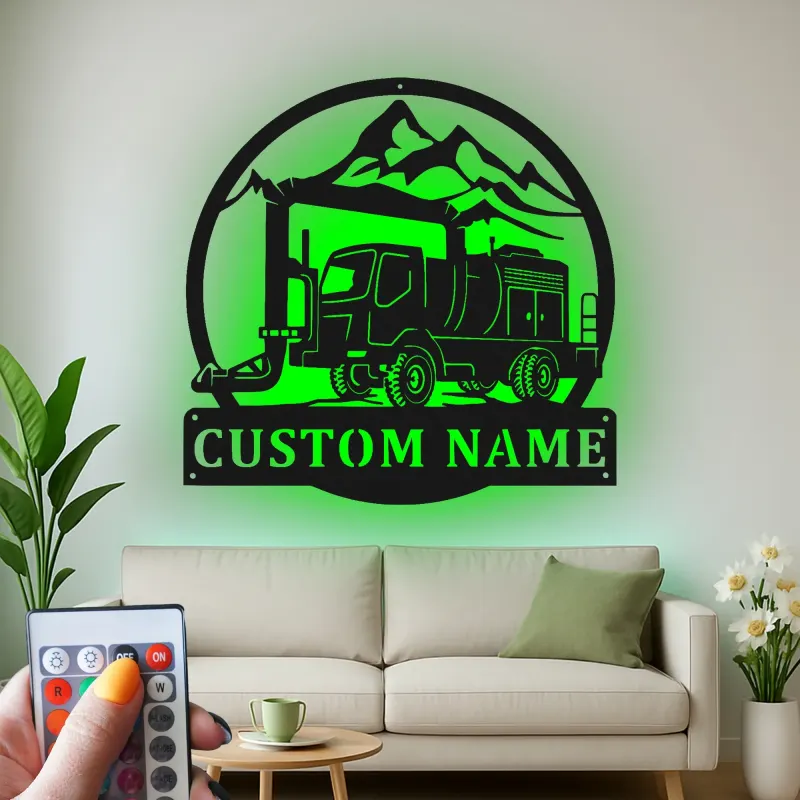 Custom Mountain Crane Truck Led Light Metal Wall Art Personalized Gift for Construction Enthusiasts Garage Decor