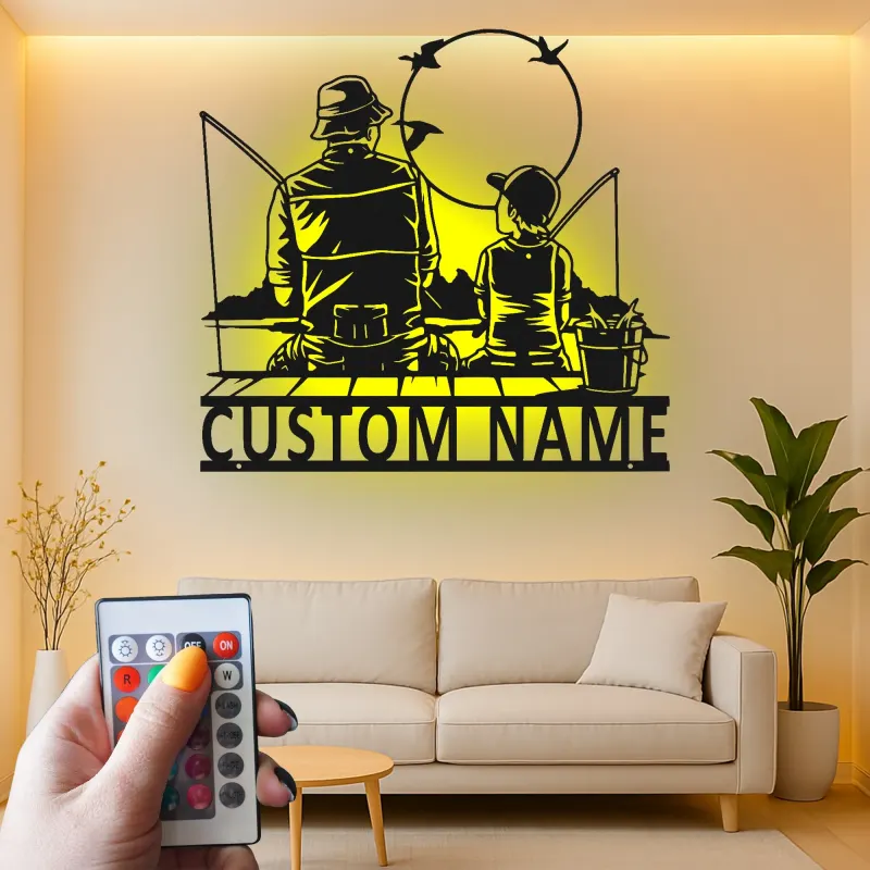 Custom Fishing LED Metal Wall Art | Personalized Father & Son Decor | Lake House & Cabin Gift