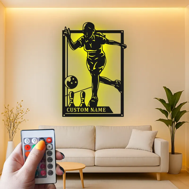 Custom Bowling Player Led Light Metal Wall Art Personalized Gift for Bowlers Game Room Sports Decor