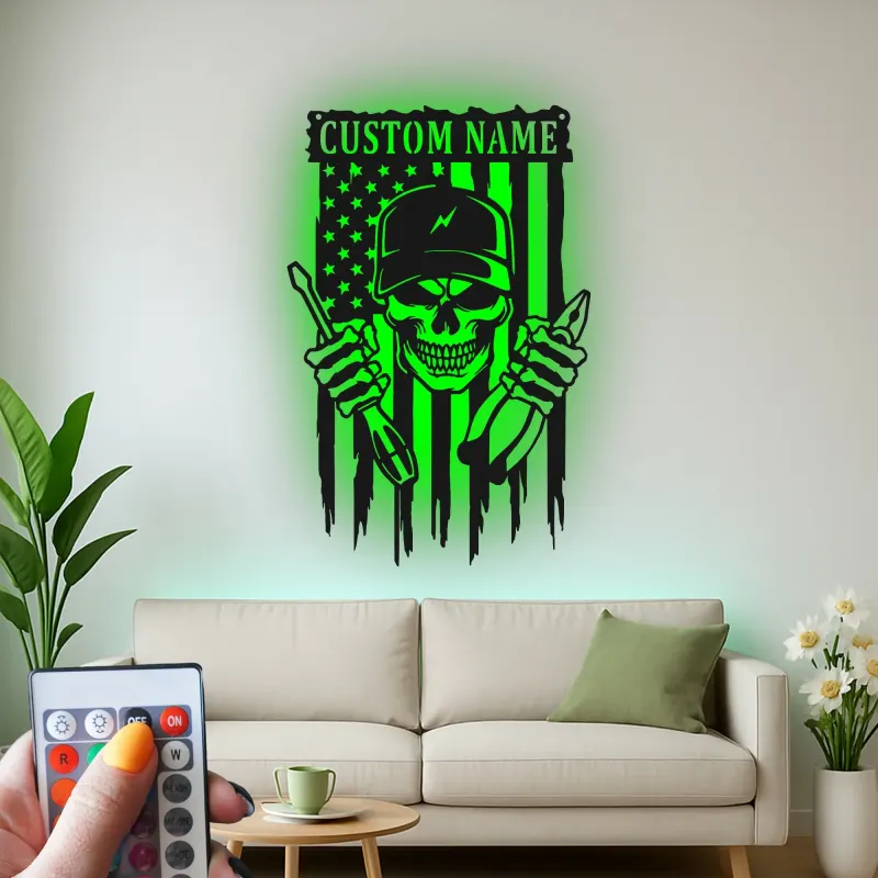 Panneau en métal crâne de mécanicien personnalisé | Décoration murale rétroéclairée pour garage | Cadeau patriotique pour réparateur avec drapeau américain