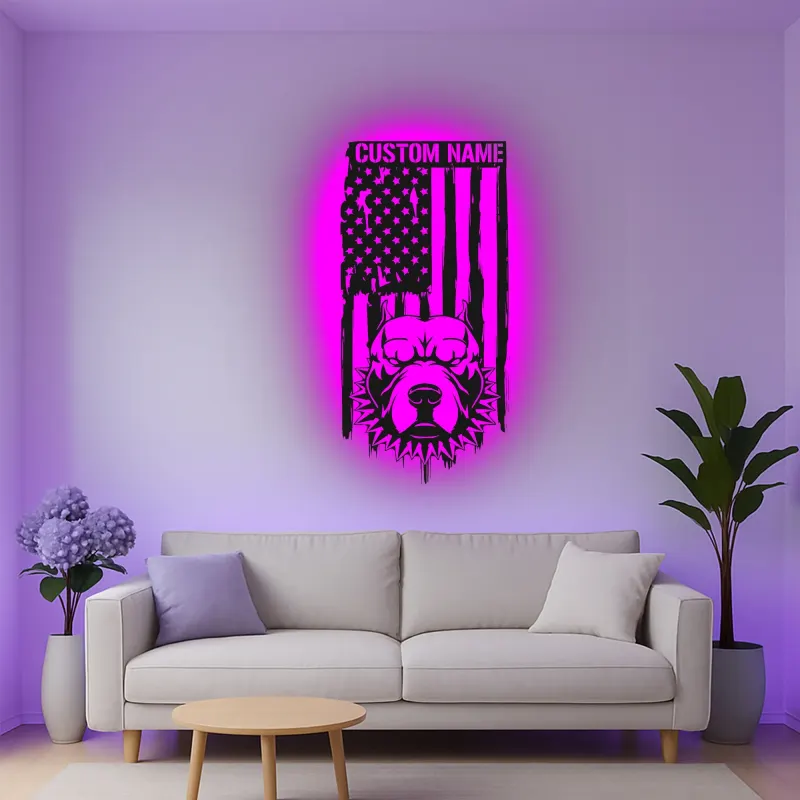 Custom Pitbull American Flag Led Light Metal Wall Art Personalized Dog Lover Gift Patriotic Home Decor