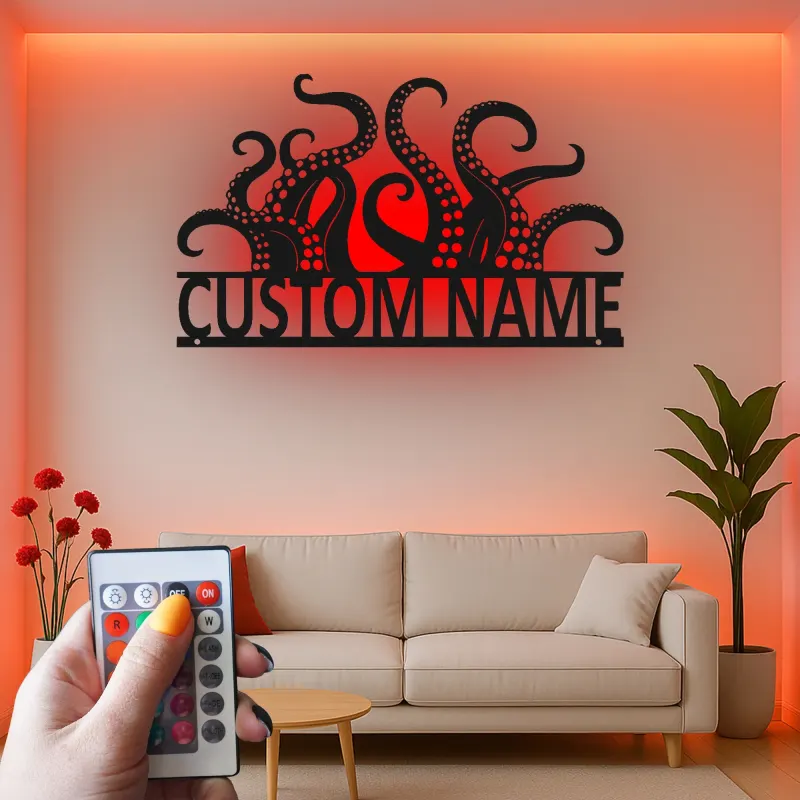 Cartel LED personalizado de tentáculos de pulpo | Arte de metal con nombre personalizado | Decoración náutica para negocios y hogar costero | Regalo para amantes del mar