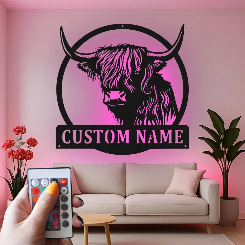 Highland Cow LED Metal Wall Art | Custom Ranch Sign | Personalized Farmhouse Decor Gift for Home & Business