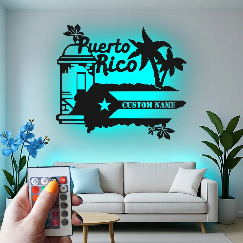 Panneau Métal LED Porto Rico Personnalisé | Art Murale Palmier des Caraïbes Personnalisé | Décor Boricua & Idée de Cadeau Insulaire