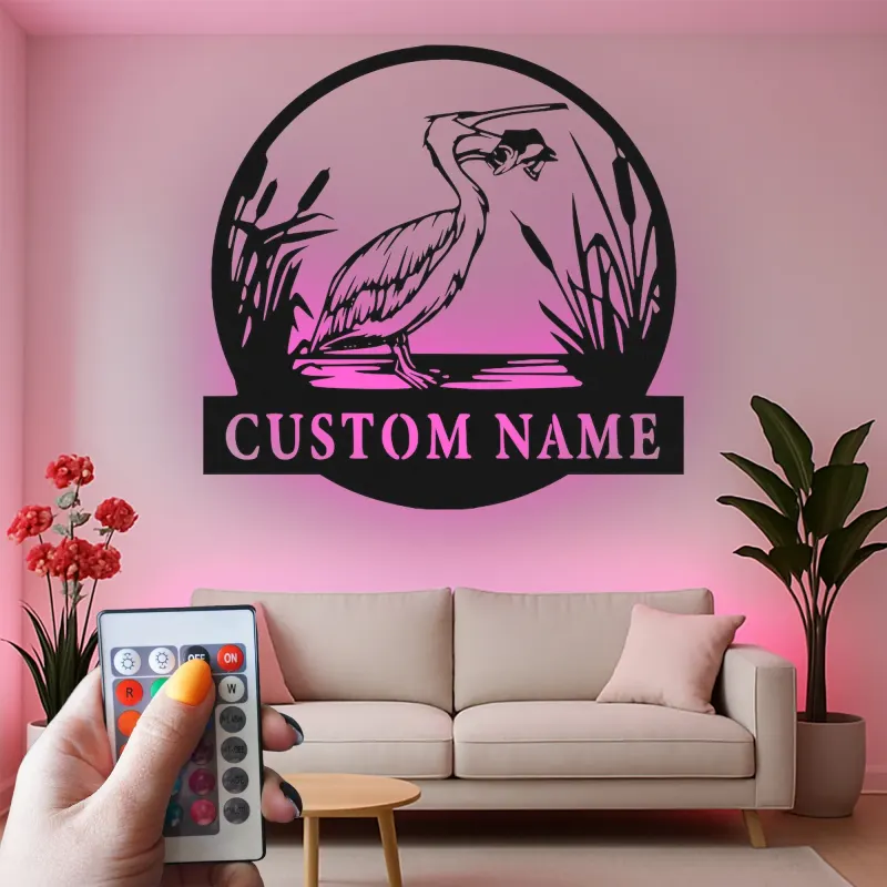 Insegna in metallo personalizzata con Airone e luci LED | Arte murale di fauna selvatica personalizzata | Decorazione per casa al lago e patio esterno