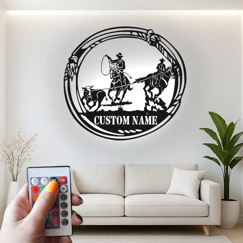 Décoration murale en métal personnalisée Cowboy Rodeo avec rétroéclairage LED - Cadeau western pour les éleveurs - Décor de salon rustique