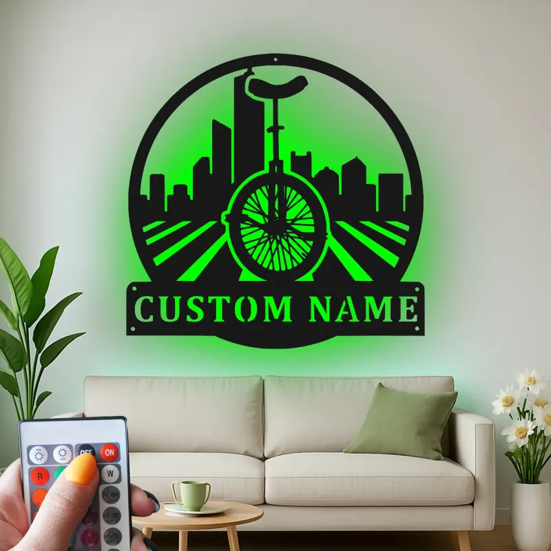 Custom Unicycle Cityscape Led Light Metal Wall Art Unique Gift for Cyclists Urban Decor for Living Room