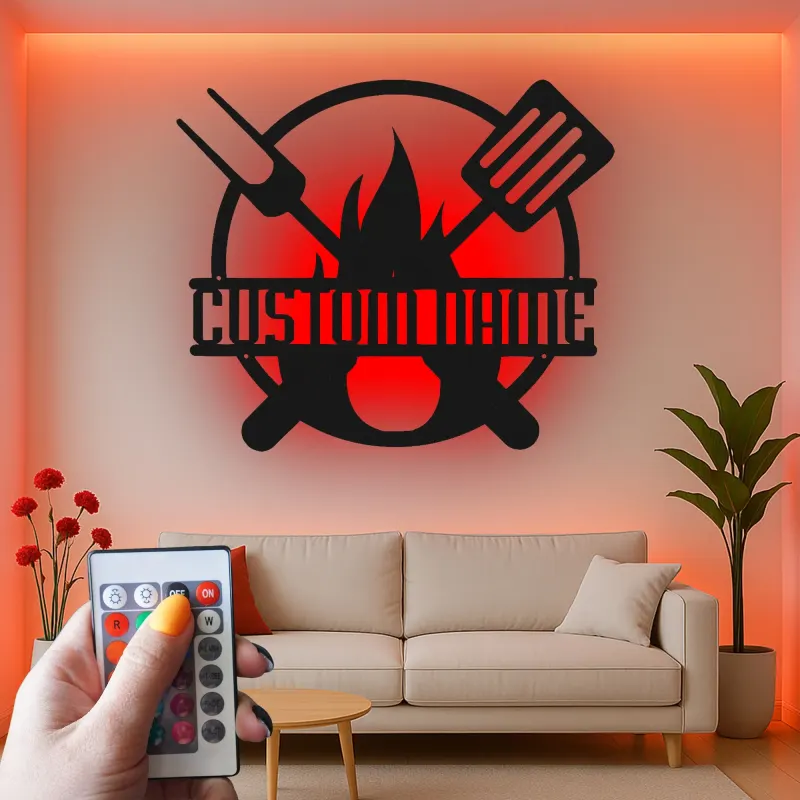 Insegna in metallo personalizzata con BBQ Grill e luce LED regalo personalizzato per maestro della griglia decorazione per patio all'aperto