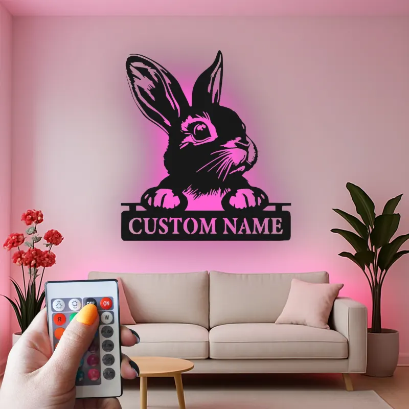 Personalized LED Rabbit Metal Sign | Custom Bunny Silhouette Wall Art | Pet Lover Gift | Modern Nursery Decor