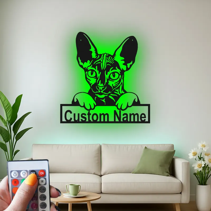 Insegna Personalizzata per Gatto Sphynx | Arte in Metallo LED da Parete Personalizzata | Regalo per Amanti dei Gatti Senza Pelo | Decorazione Moderna per Casa e Clinica Veterinaria