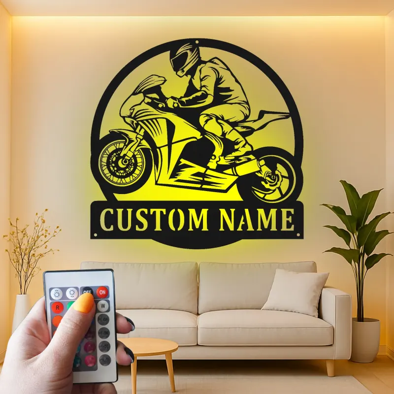 Décoration murale en métal LED personnalisée pour coureur de moto - Cadeau pour motards, décoration de garage ou de man cave