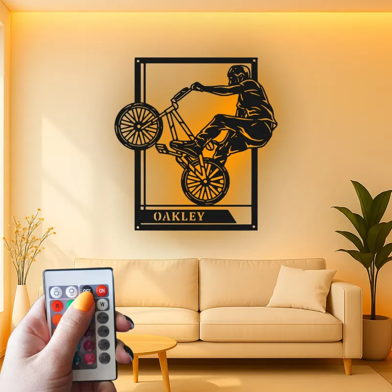Custom BMX Rider Led Light Metal Wall Art Personalized Gift for Cyclists Garage or Bedroom Decor