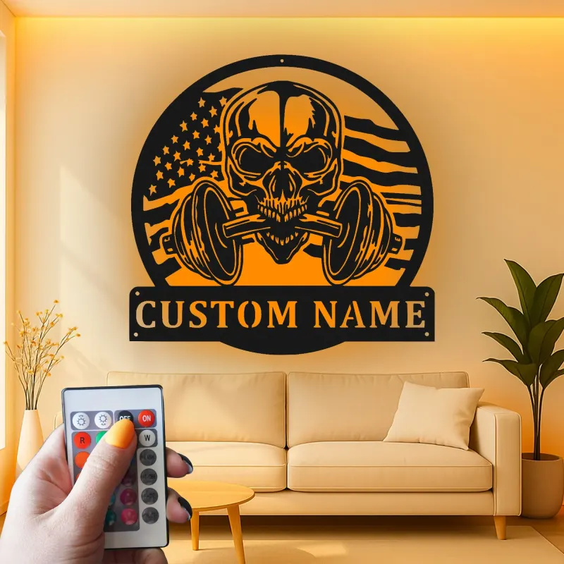 Insegna LED per palestra con teschio e manubrio | Arte murale in metallo personalizzata per home gym | Regalo per sollevatori di pesi con bandiera americana