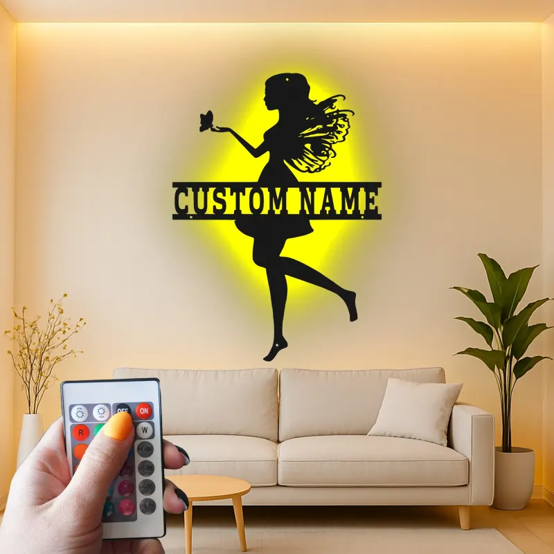 Cartel de metal personalizado con luz LED de silueta de hada, regalo personalizado para la decoración de dormitorio de chicas