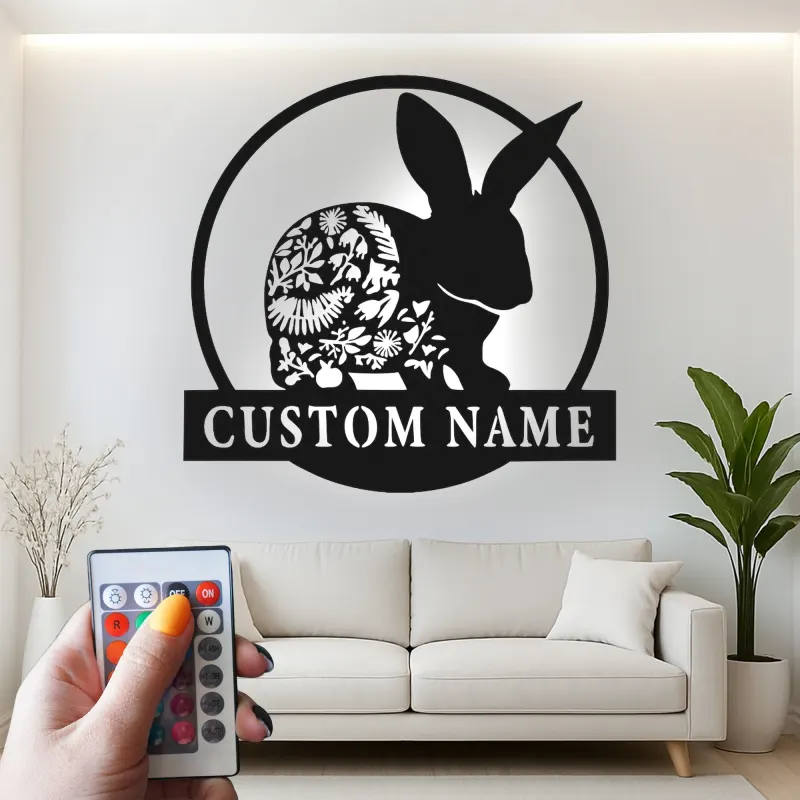 Personalized Bunny Name Sign | LED Metal Wall Art for Nursery | Boho Floral Rabbit Decor | Custom Kids Room Light & Animal Lover Gift