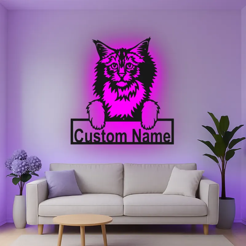 Décoration murale en métal personnalisée avec chat Maine Coon, rétroéclairage LED, cadeau pour amoureux des animaux, décoration de salon