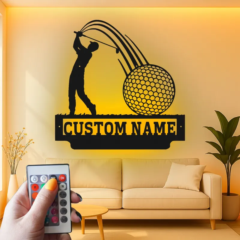 Insegna LED personalizzata da golf | Decorazione murale in metallo su misura per man cave | Targa con nome del golfista | Regalo per appassionati di golf