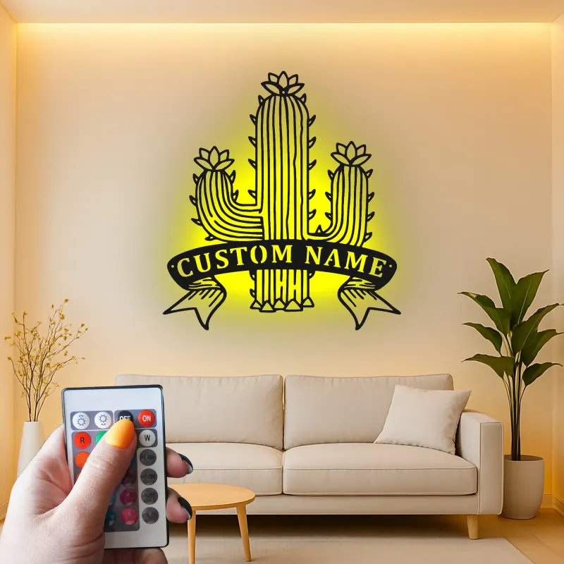 Insegna in metallo personalizzata con cactus e luce LED, regalo per amanti delle piante, decorazione per la casa in stile sud-ovest