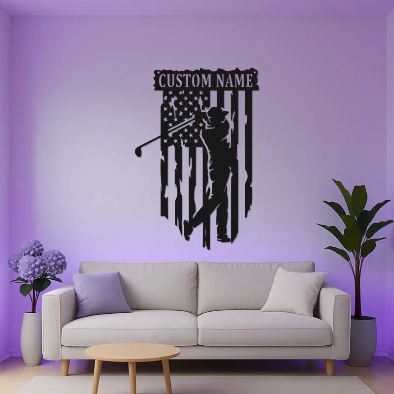 Enseigne en métal personnalisée pour golfeur | Décoration murale drapeau américain | Décor LED de golf pour man cave | Cadeau patriotique pour lui
