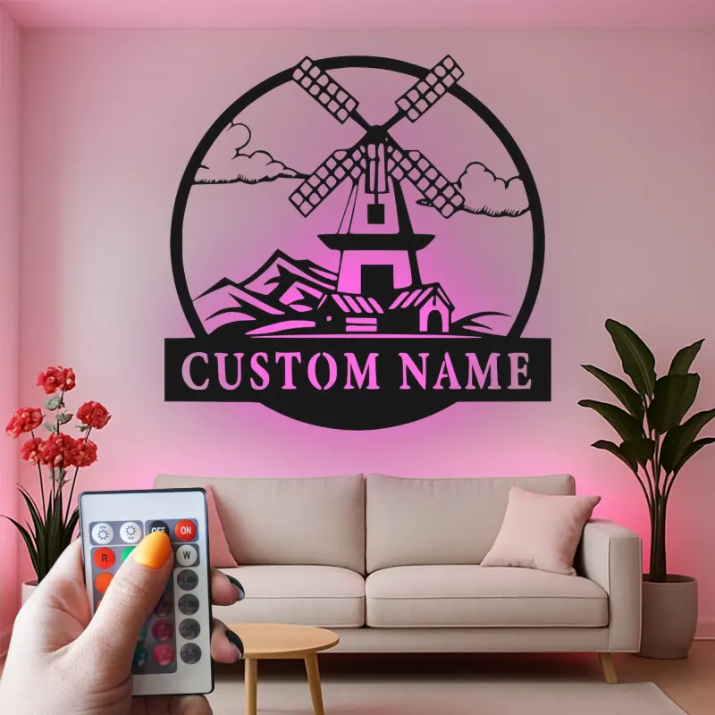 Décoration murale en métal personnalisée avec moulin à vent, lumière LED, cadeau de crémaillère, décoration de ferme rustique