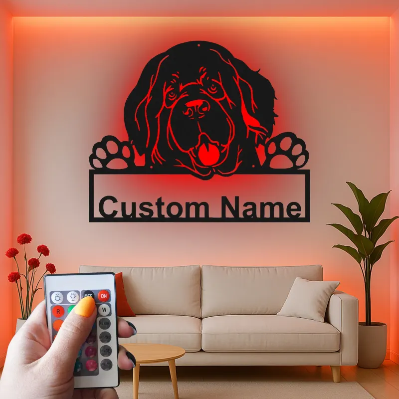 Custom Newfoundland Dog Led Light Metal Wall Art Personalized Pet Lover Gift Living Room or Entryway Decor