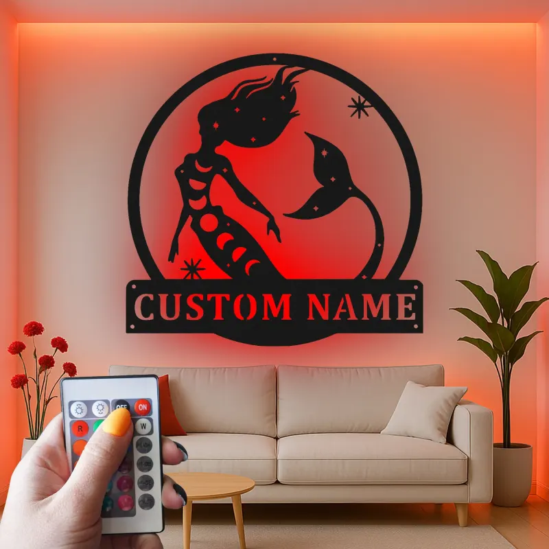 Arte mural de sirena personalizada | Letrero LED de metal a medida para habitación de niña | Decoración náutica mística con nombre
