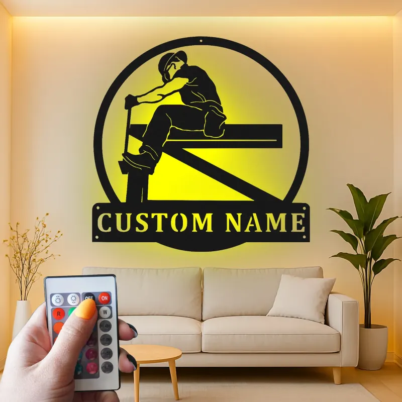 Personalisierte Eisenarbeiter LED Schild | Individuelles Metallschild | Stahlarbeiter Namensschild für Werkstatt & Garage | Geschenk für Ihn