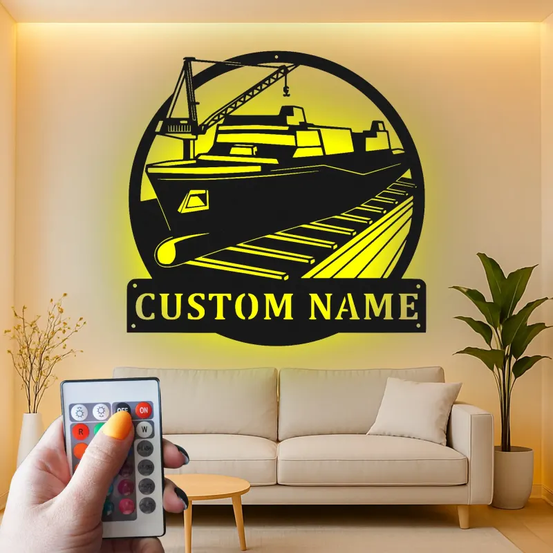 Panneau en métal de cargo personnalisé | Décor nautique en acier rétroéclairé | Art mural de bureau maritime | Cadeau personnalisé pour lui