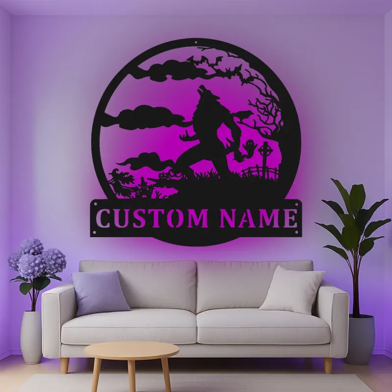 Décoration murale en métal personnalisée avec silhouette de loup-garou, lumière LED, cadeau d'Halloween pour les fans d'horreur, décoration d'intérieur effrayante
