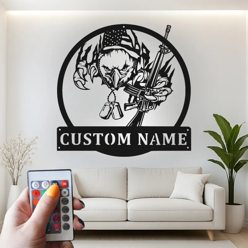 Insegna in metallo LED personalizzata con aquila e fucile - Regalo patriottico per veterani, decorazione per man cave o militare