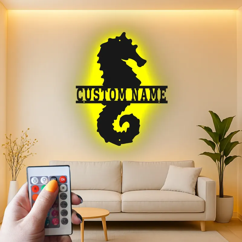 Insegna in metallo personalizzata con cavalluccio marino | Arte murale retroilluminata LED | Decorazione nautica personalizzata per casa al mare | Regalo per amanti dell'oceano