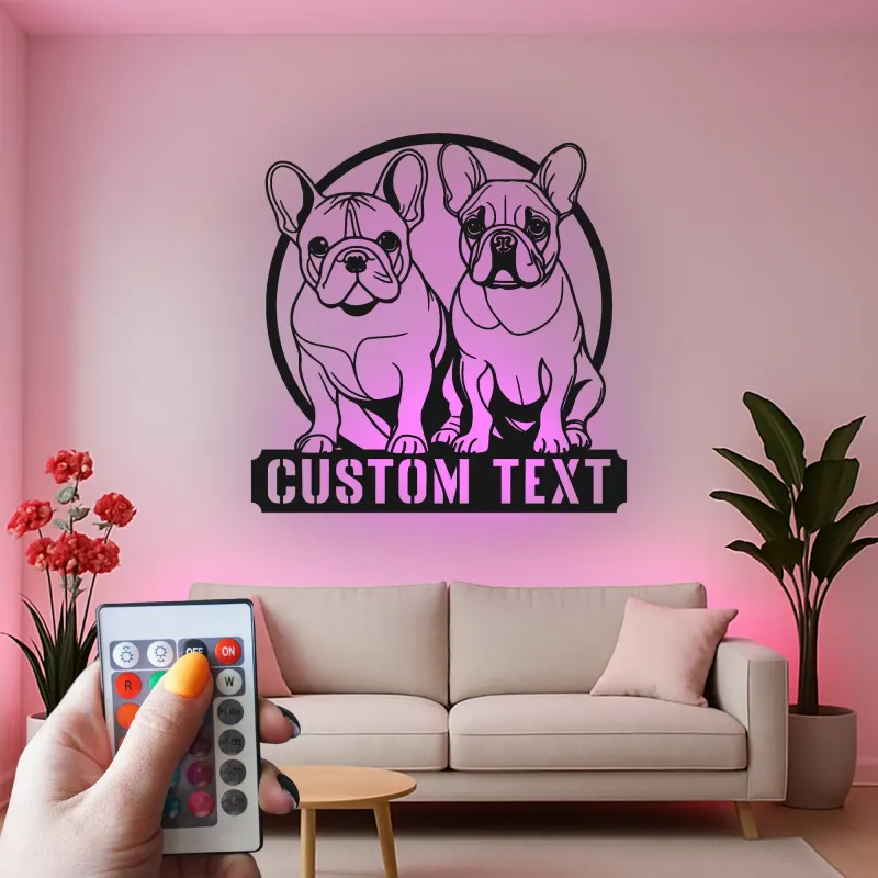 Cartel LED de bulldog francés | Decoración mural de metal personalizada | Regalo para amantes de los perros | Placa con nombre para la pared