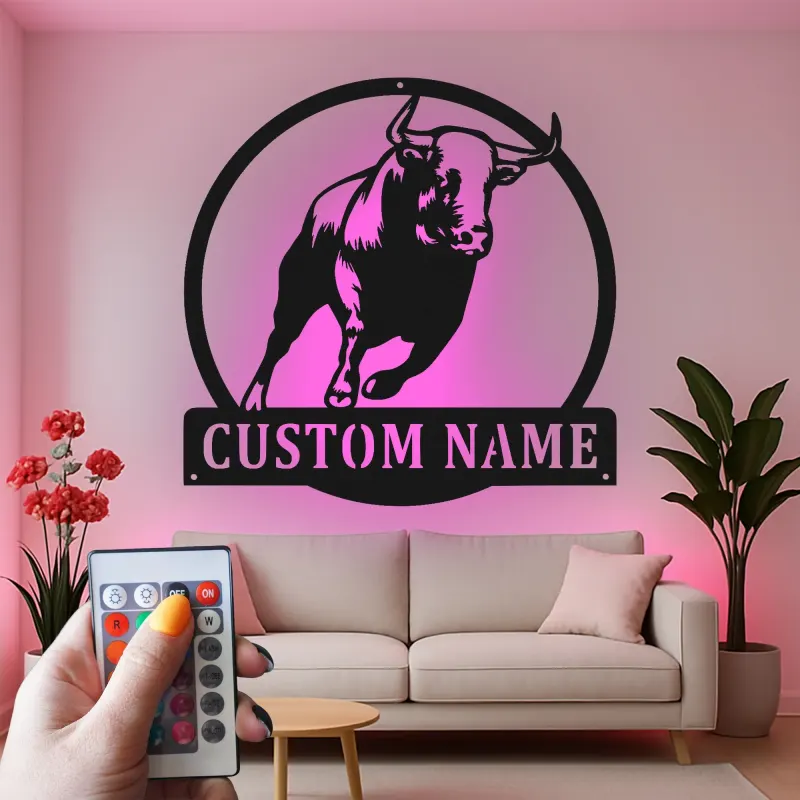 Insegna in metallo personalizzata con luce LED a forma di toro per decorare il ranch, regalo in stile western per la man cave