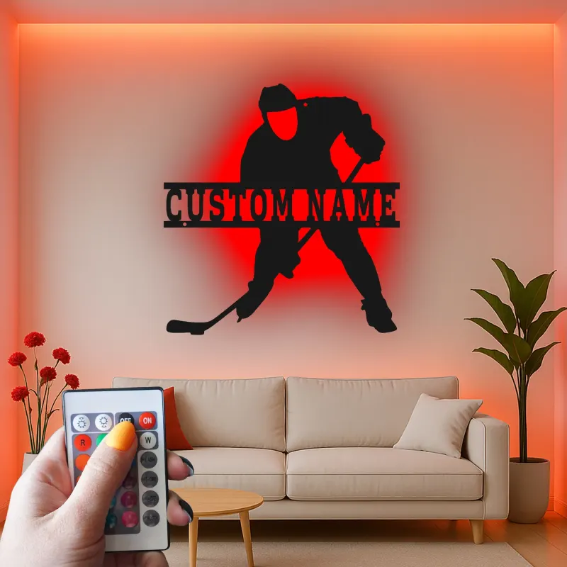 Insegna in Metallo Personalizzata per Giocatore di Hockey | Arte Murale LED Personalizzata | Decorazione per Hockey su Ghiaccio per Sala Giochi | Regalo per Fan