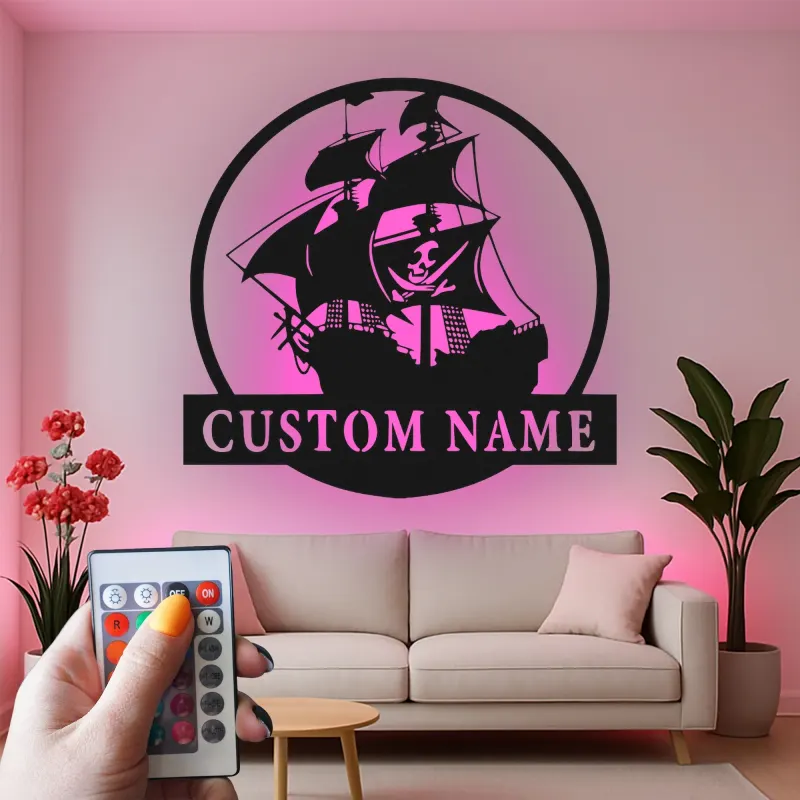 Personalized Pirate Ship LED Sign | Custom Metal Wall Art | Nautical Home Decor for Man Cave | Gift for Sailor