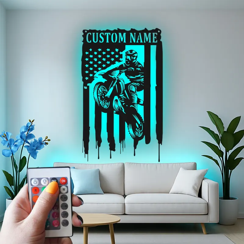 Personalized Motocross Metal Sign | LED American Flag Wall Art | Custom Dirt Bike Decor for Garage, Man Cave & Race Fans