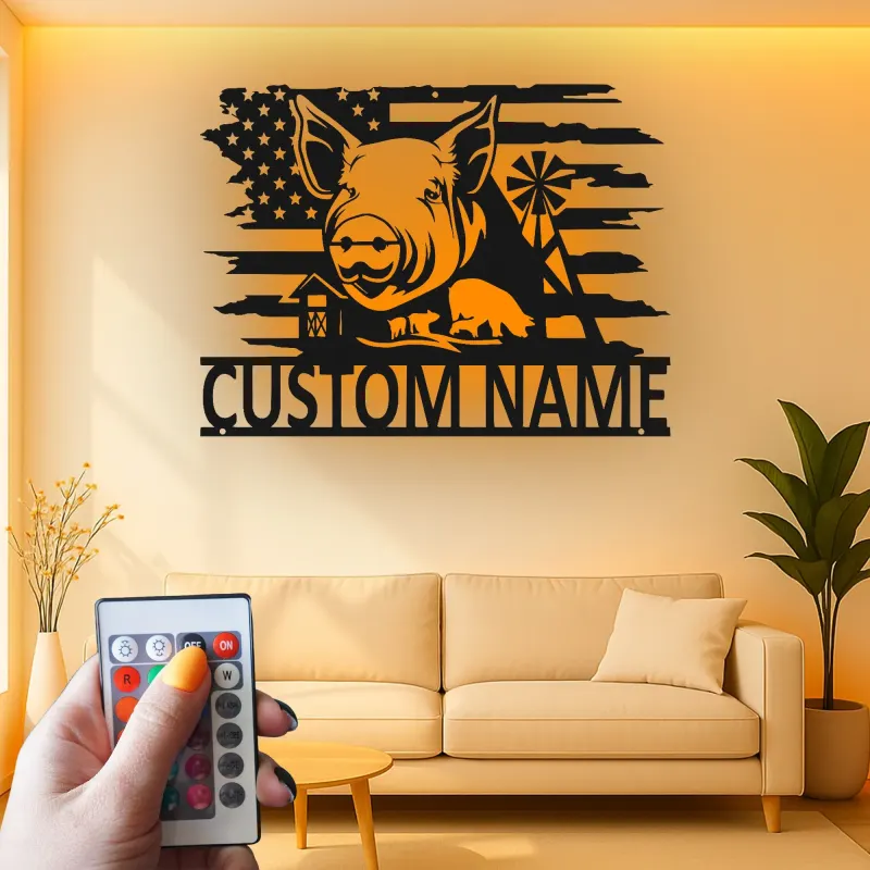 Panneau Métal Personnalisé Cochon & Drapeau | Art Mural de Ferme LED | Plaque de Nom Personnalisée pour Agriculteur | Décor Américain Rustique