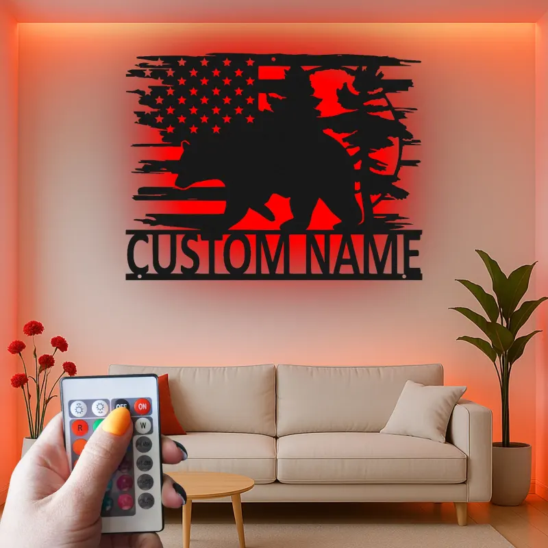 Custom Bear and American Flag Led Light Metal Wall Art Personalized Gift for Nature Lovers Rustic Cabin Decor