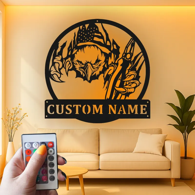 Décoration murale en métal personnalisée avec éclairage LED Aigle Américain - Cadeau patriotique pour lui, décoration de garage ou de man cave