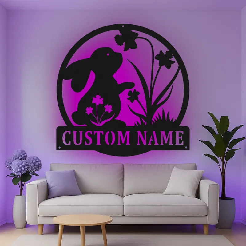 Insegna in metallo LED personalizzata con coniglio e fiori, regalo per nursery, decorazione per stanza dei bambini