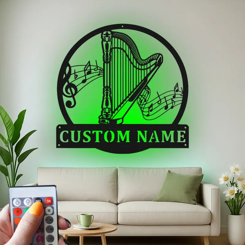 Personalized Harp LED Sign | Custom Metal Wall Art | Musician Gift & Music Room Decor | Luminous Instrument Accent