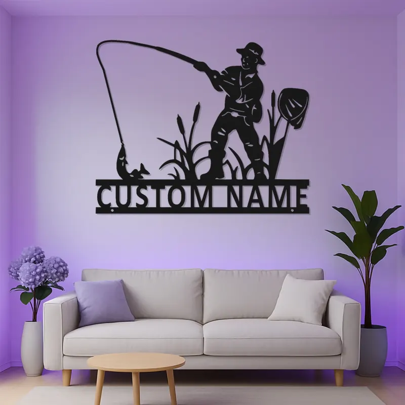 Cartel de pesca personalizado con LED | Arte mural de metal con nombre personalizado | Decoración rústica de casa de campo y regalo para pescador