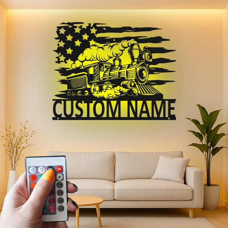 Décoration murale en métal personnalisée avec locomotive de train en rétroéclairage - Cadeau pour passionnés de trains - Décor de man cave