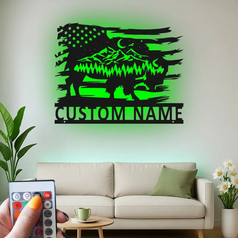 Custom Buffalo American Flag Led Light Metal Wall Art Unique Gift for Nature Lovers Rustic Living Room Decor