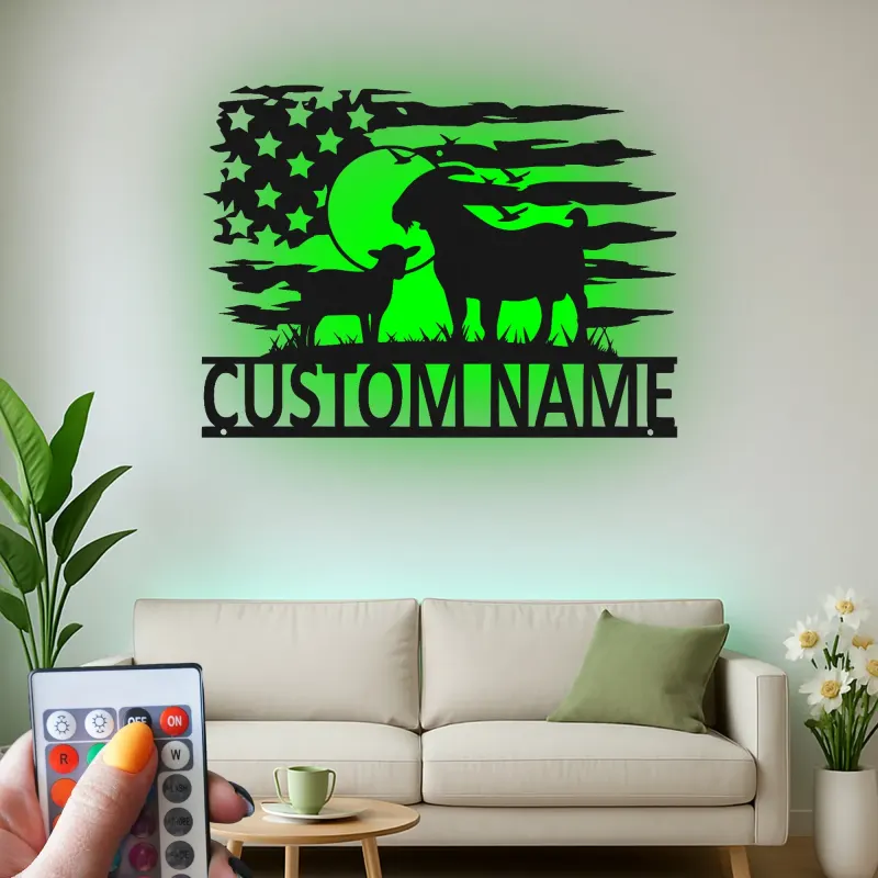 Insegna in metallo con capra e bandiera americana | Arredo LED personalizzato in stile farmhouse | Regalo su misura per amanti delle capre e arte per stalla