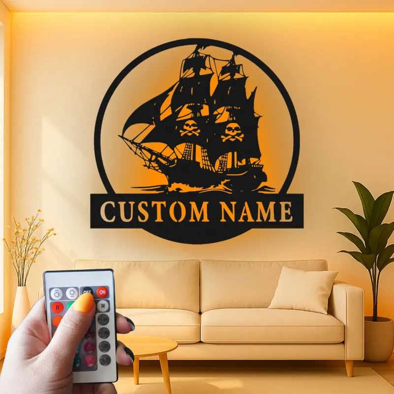 Insegna LED Nave Pirata | Arte Murale Nautica con Nome Personalizzato | Decorazione Man Cave e Regalo per Marinai