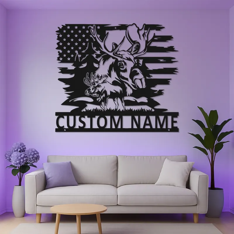 Personalisiertes Elch-Metallschild | LED-Schild mit amerikanischer Flagge | Rustikale Hütten-Dekoration für Jäger & Wildtierliebhaber