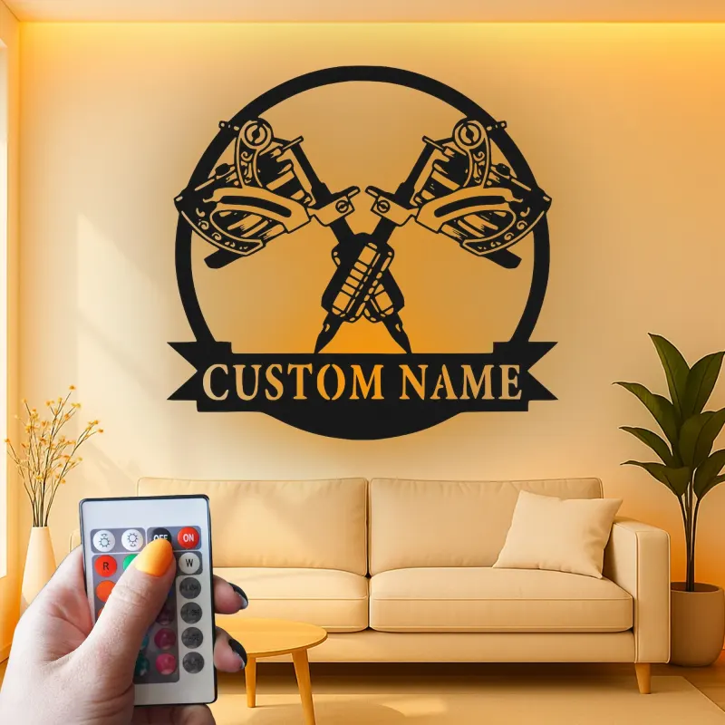 Décoration murale en métal personnalisée avec lumière LED de machine à tatouer - Cadeau pour artistes tatoueurs