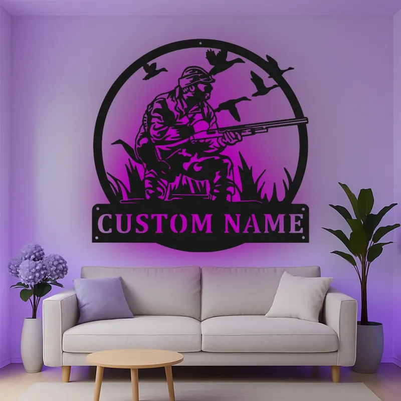 Insegna in metallo personalizzata per cacciatori con anatre con luce LED regalo per cacciatori decorazione per man cave o cabin