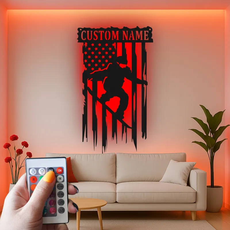 Insegna con nome personalizzata per snowboarder | Arte murale in metallo LED | Decorazione snowboard con bandiera americana | Regalo per camera di adolescente